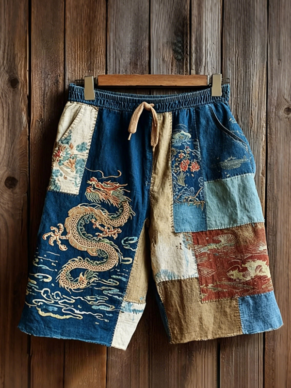 Men's Japanese Boro Patchwork Dragon Art Print Casual Shorts