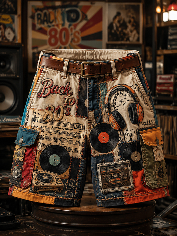 Men's Back To 80's Patchwork Vinyl Record Headphone Music Note Art Print Casual Shorts