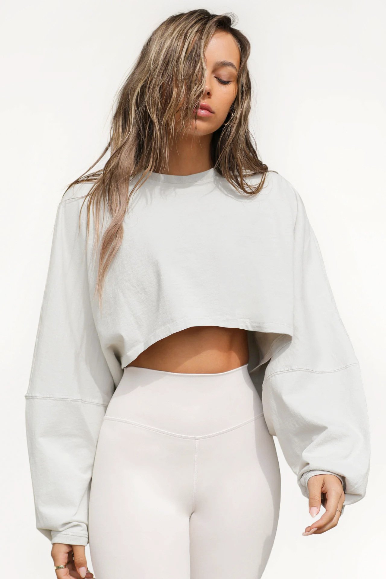 🔥LAST DAY 49% OFF - Women Long Sleeve Cropped Sweatshirt Oversized Crew Neck Workout Tops