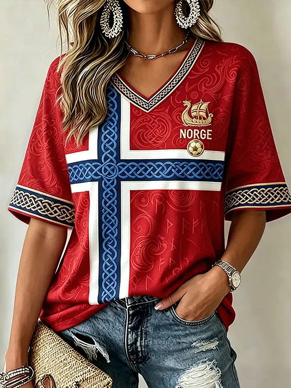 Women's Norge 2026 Norwegian Football Art Print V Neck Short Sleeve T-Shirt