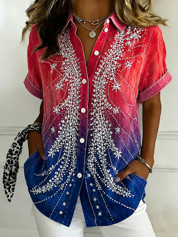 Women's Ombre Rhinestone Pattern Colorblock Print Short Sleeve Shirt