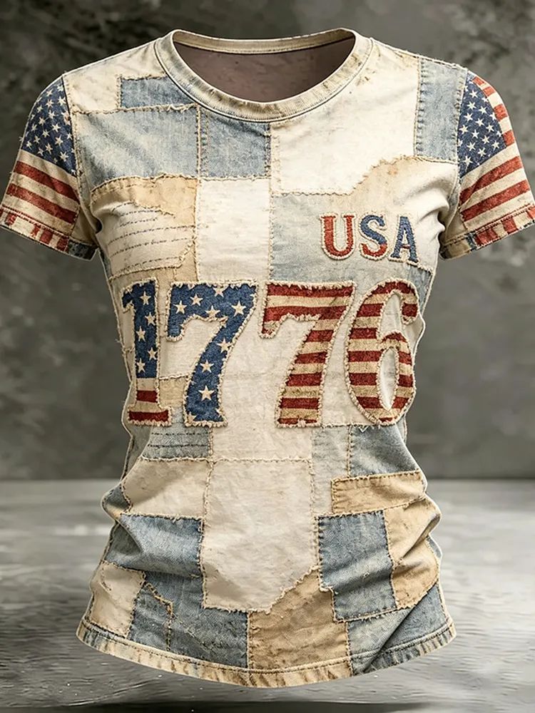 Women's Vintage American Flag 1776 Patchwork Art Print Casual T-Shirt
