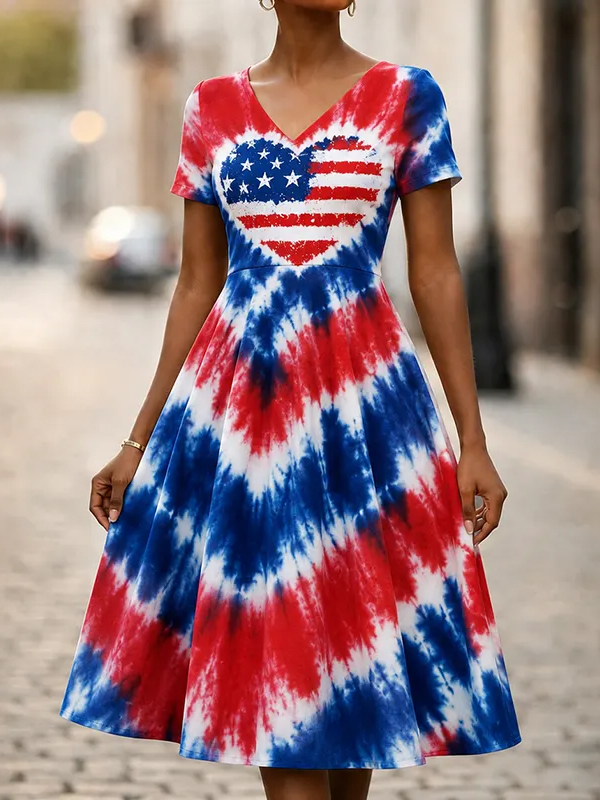 Women's American Flag Heart Pattern Tie-Dye Art Print V Neck Midi Dress