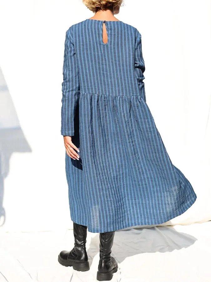 Women's Casual Solid Color Round Neck Long Sleeve Striped Print Dress