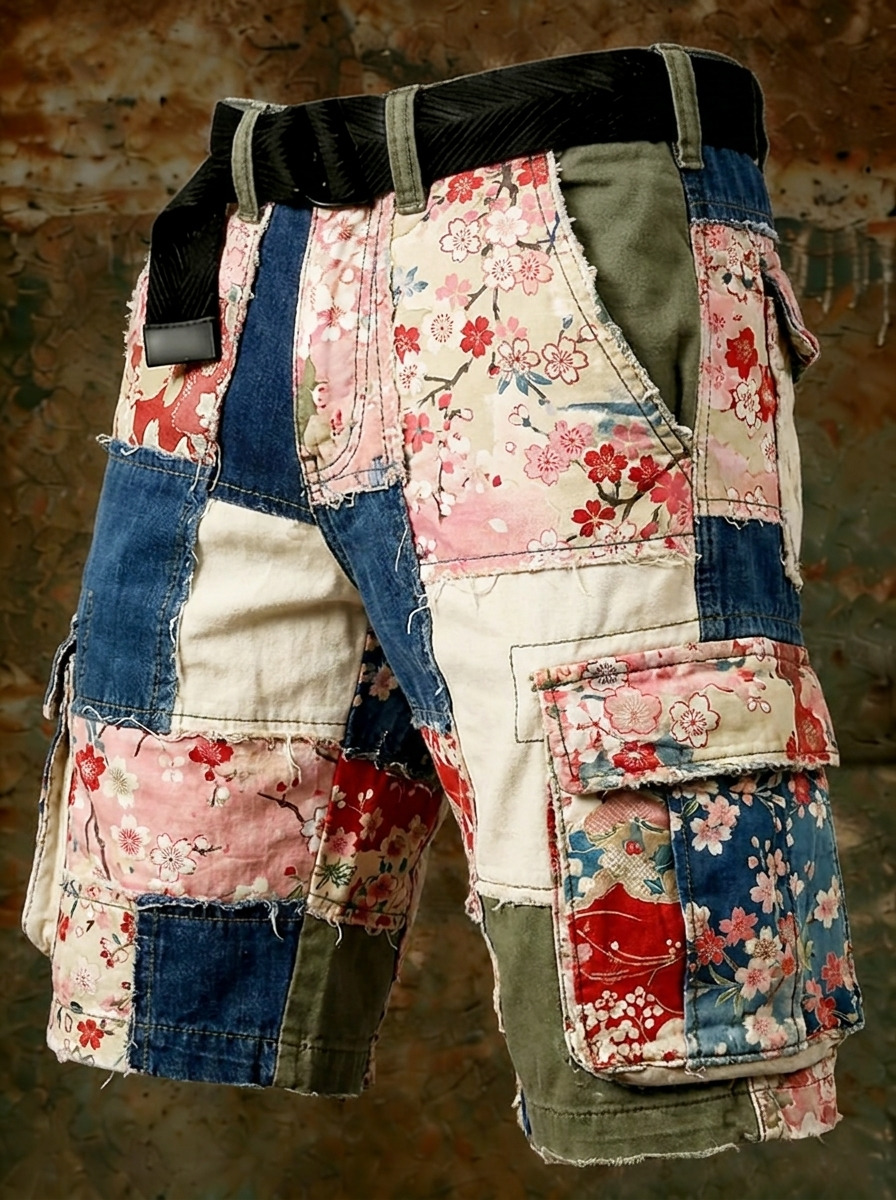 Men's Colorblock Japanese Art Cherry Blossom Print Cargo Shorts