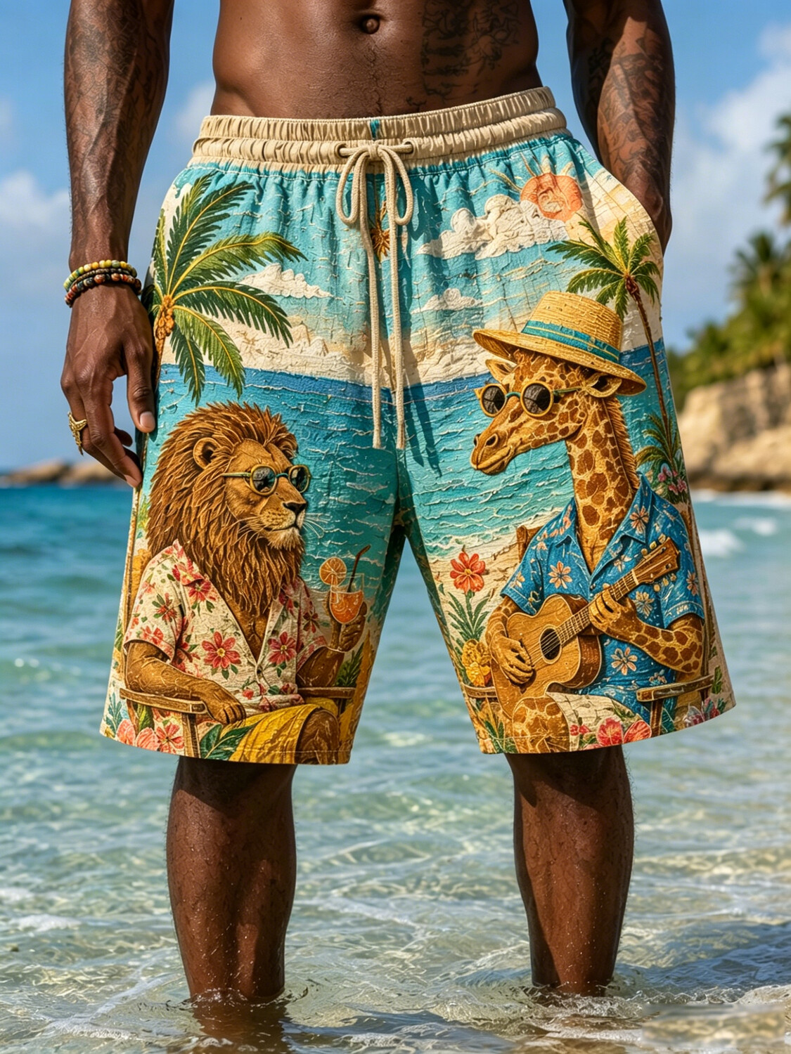 Men's Lion and Giraffe Vacation Style Print Casual Shorts