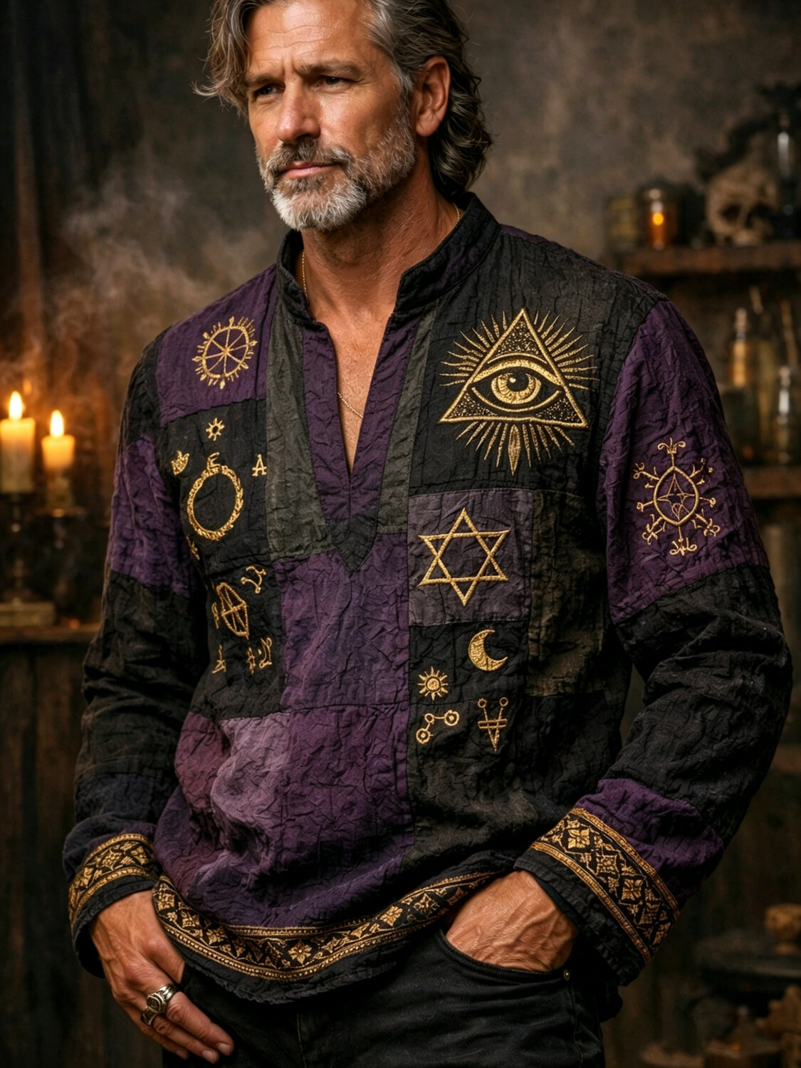 Men's Occult Symbol All-Seeing Eye Patchwork Art Print V Neck Long Sleeve T-Shirt