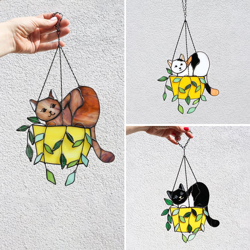 🔥LAST DAY 49% OFF-Cat in a flowerpot Suncatcher Stained Glass Window Hangins😽