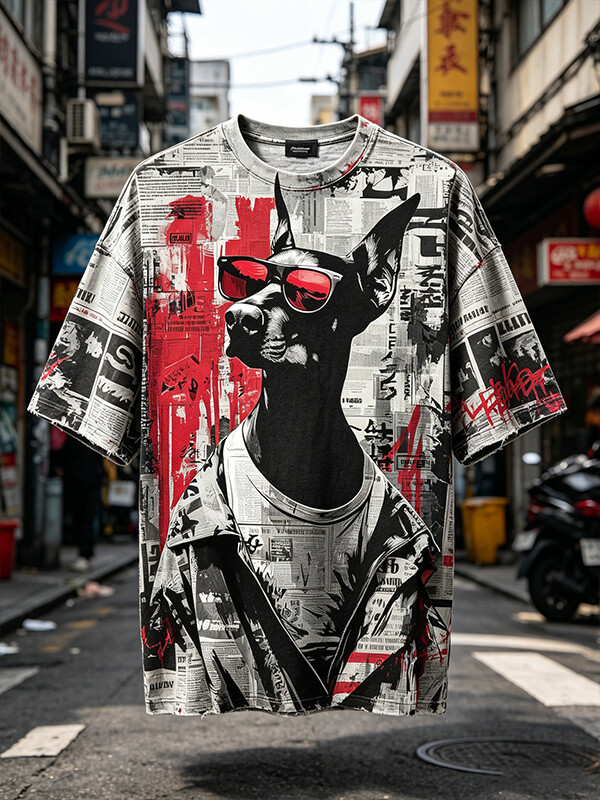 Men's Hiphop Urban Alpha The Newsprint Doberman Print T-Shirt