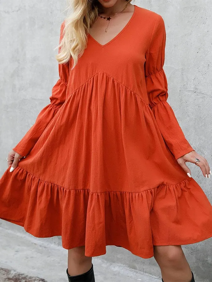 Women's Bohemian Loose Ruffle Long Sleeve Midi Dress