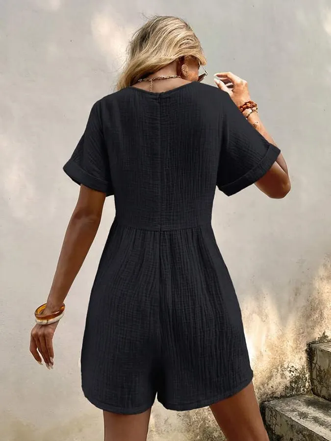 Women's Fashion Solid Color V Neck Loose Bat Sleeve Pocket Zipper Short Sleeve Jumpsuit