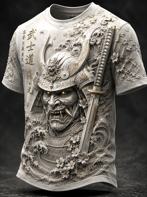 Men's Mysterious Japanese Samurai Ghost Mask Bushido Print Casual T-Shirt