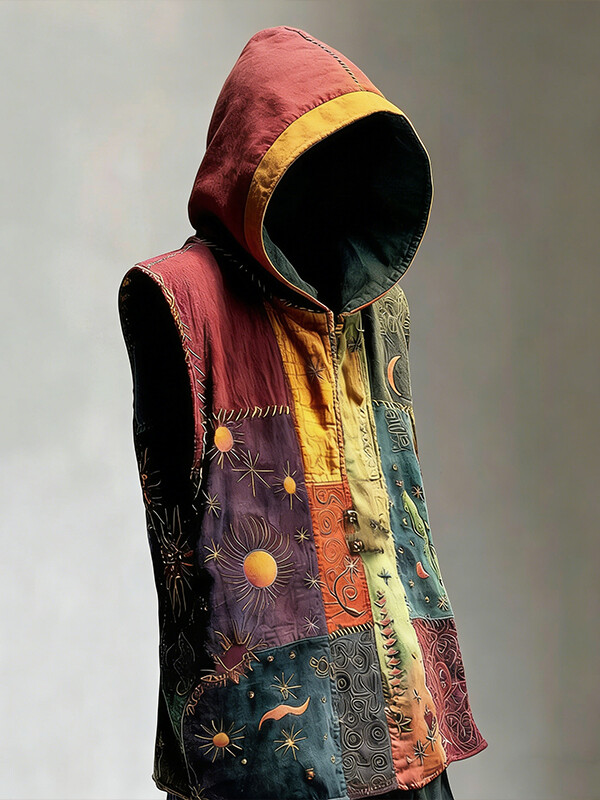 Men's Colorblock Sun Moon Hippie Art Print Hooded Tank Top
