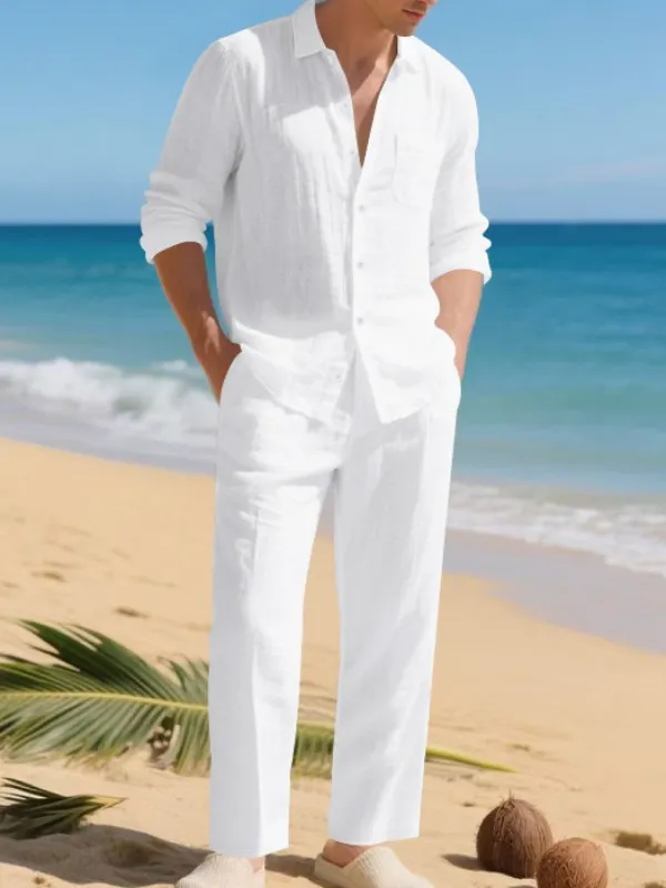 Men's Casual Solid Color Long Sleeve Shirt Straight-Leg Pants 2pcs Set