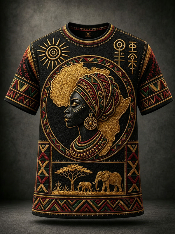 Men's African Queen Portrait Africa Map Print T-Shirt