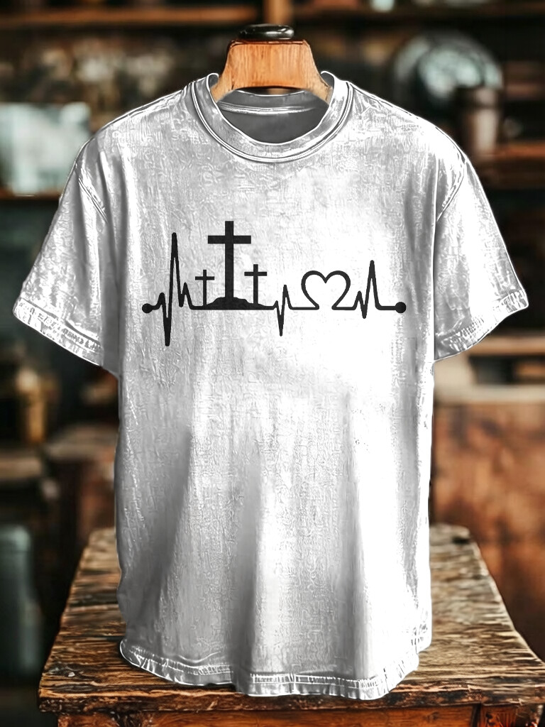 Men's Heartbeat Cross Print Cotton Casual T-Shirt
