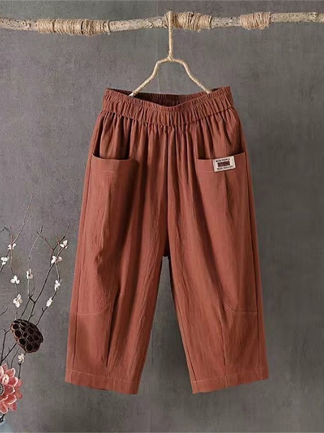 Women's Shorts Slacks Cotton Pocket High Waist Calf-Length Black Summer