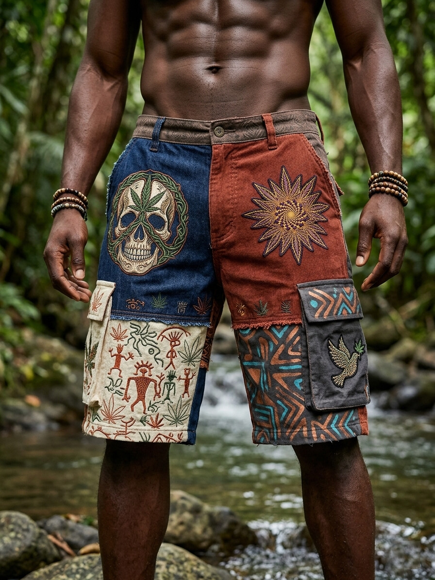 Men's Skull Hippie Plants Peace Dove Afro Art Print Cargo Shorts