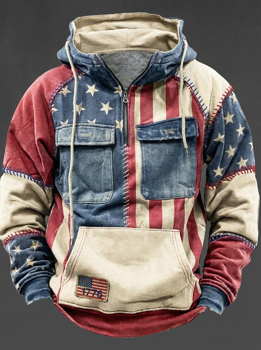 Men's 1776 American Flag Patchwork Art Print Half Zip Three Pockets Hoodie