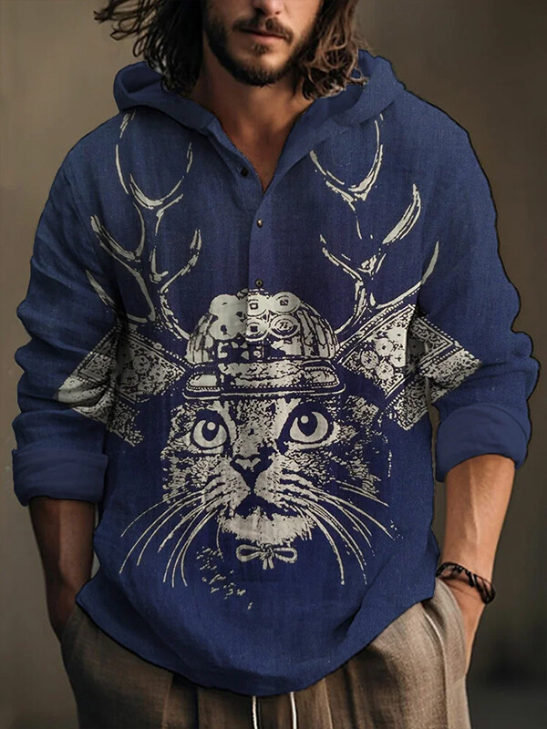 Men's Japanese Samurai Cat Print Hooded Shirt