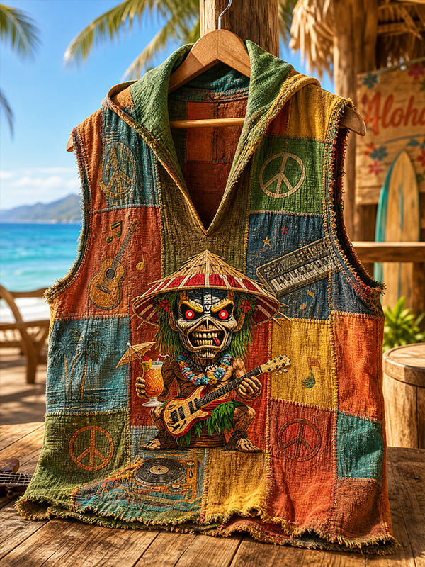 Men's Hawaiian Tiki Patchwork Peace And Music Art Print Hooded Tank Top