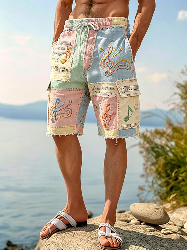 Men's Pastel Patchwork Music Note Colorblock Print Drawstring Waist Casual Shorts