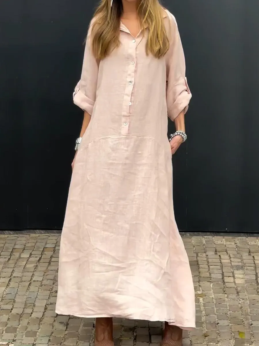 Women's V-Neck Linen Pocket Dress