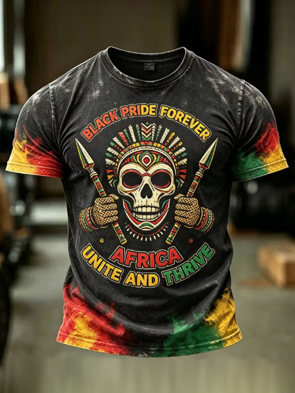 Men's Tie Dye African Warrior Skull Black Pride Forever Print T-Shirt
