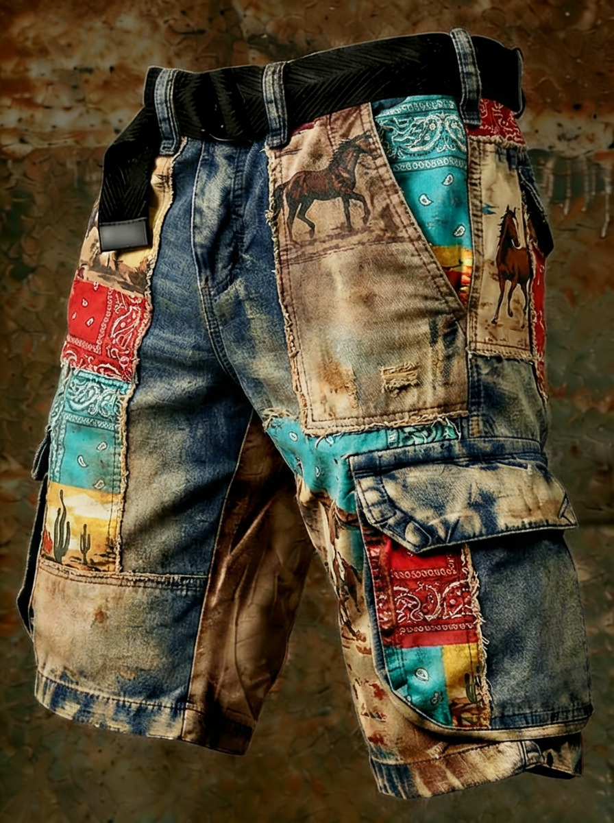 Men's Retro Western Horse Cactus Bandana Patchwork Art Print Denim-Like Casual Shorts