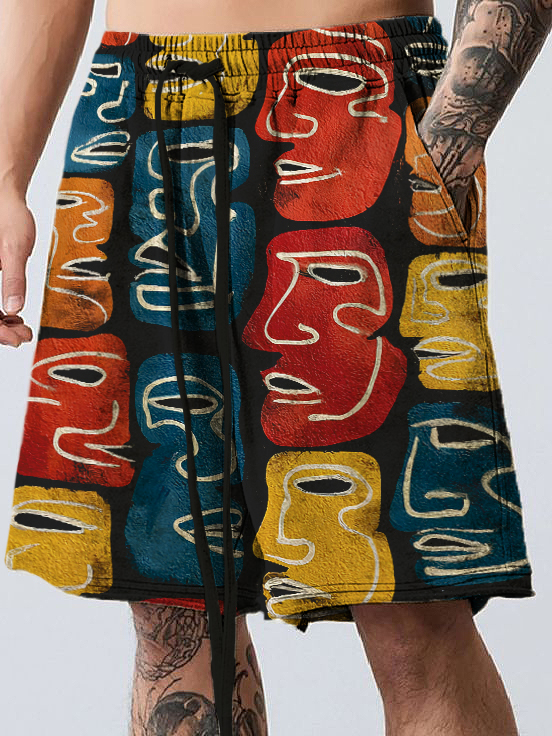 Men's African Tribal Abstract Face Colorful Geometric Print Casual Shorts