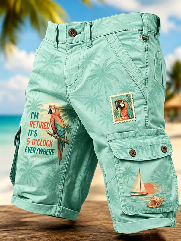 Men's I'm Retired It's 5 O'Clock Everywhere Parrot Art Print Casual Shorts