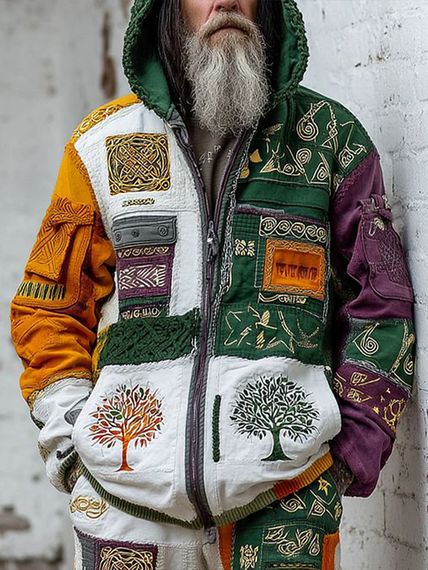 Men's Tree Ethnic Geometric Boho Art Print Hooded Zip Up Jacket