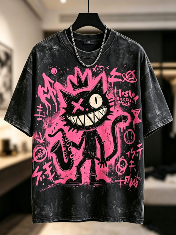 Men's Punk Graffiti Cat Print Drop Shoulder Casual T-Shirt