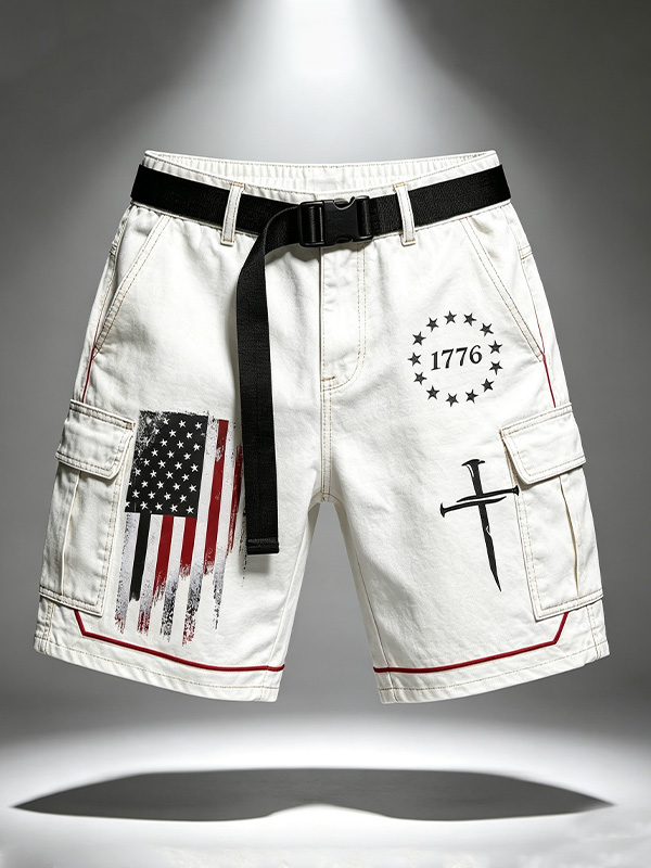 Men's USA Flag Nail Cross Graphic Print Cargo Shorts