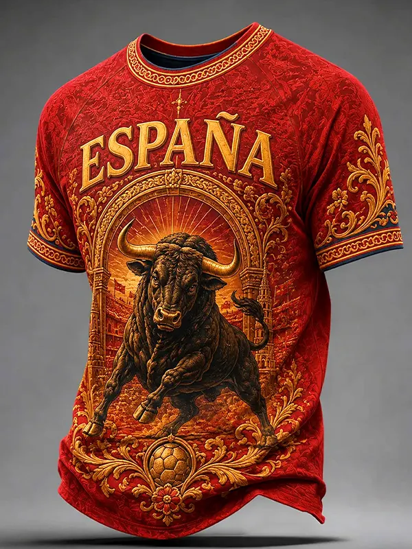 Men's Spain Bull And Football Spanish Bullfighting Art Print T-Shirt