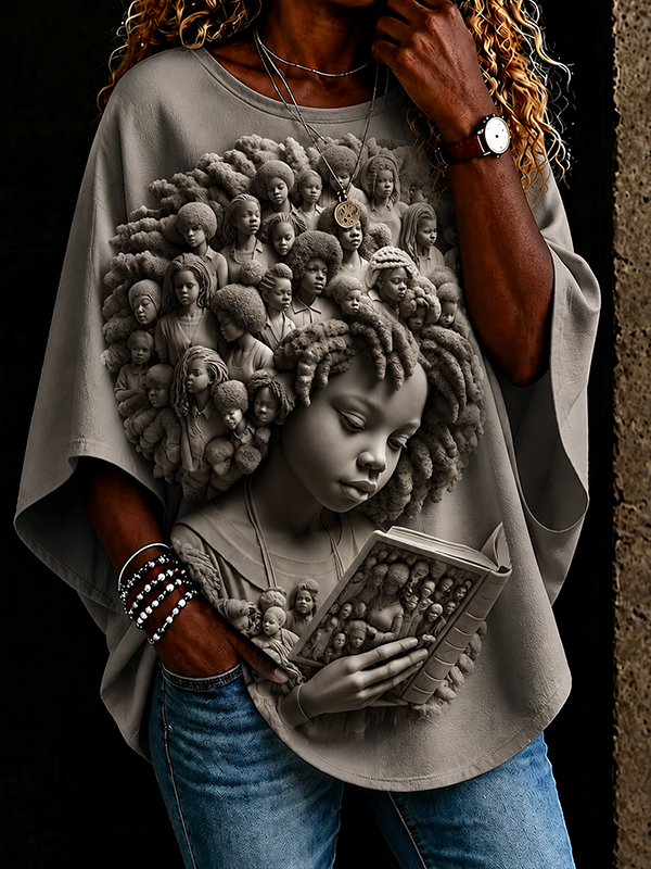 Women's 3D Sculpture African American Girl Portrait Art Print Casual T-Shirt