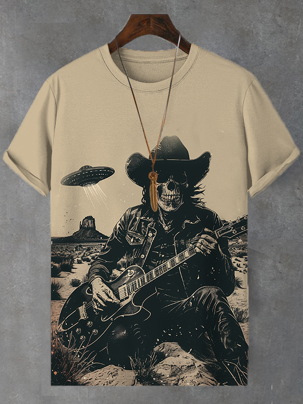 Men's Western Skull Plays Guitar UFO Print T-Shirt