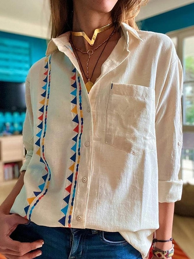 Women's Cotton and Linen Geometric Casual Shirt