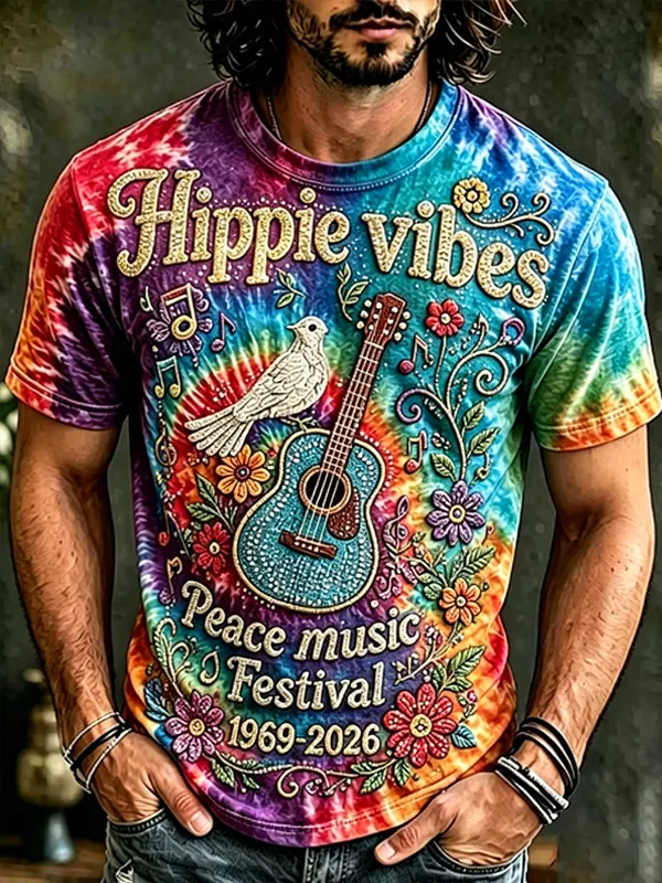 Men's Retro Hippie Vibes Tie Dye Guitar and Peace Sign Print Casual T-Shirt