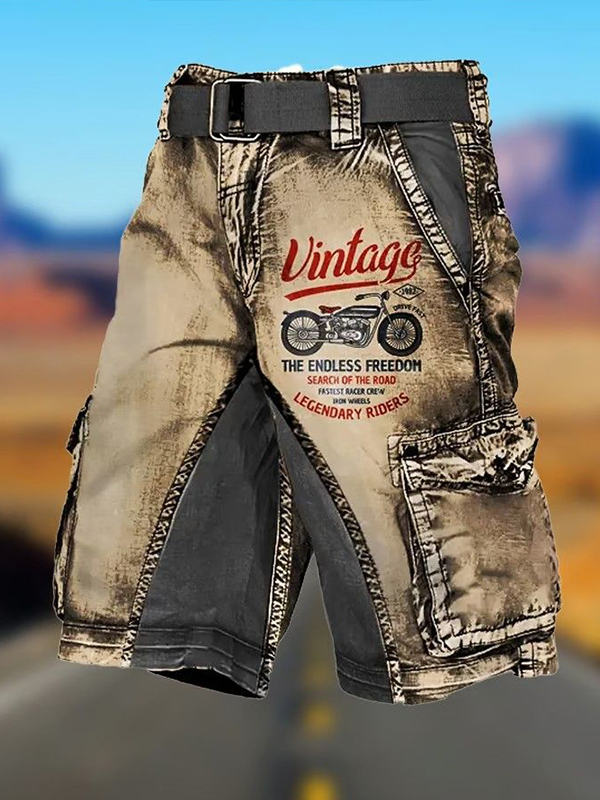 Men's Vintage Motorbike Print Cargo Shorts