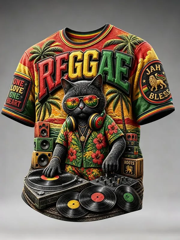 Men's Tropical Palm Trees DJ Cat Reggae Print Casual T-Shirt