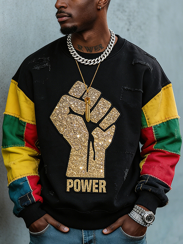 Men'S Retro Power Fist Patchwork Fabric Art Print Casual Sweatshirt
