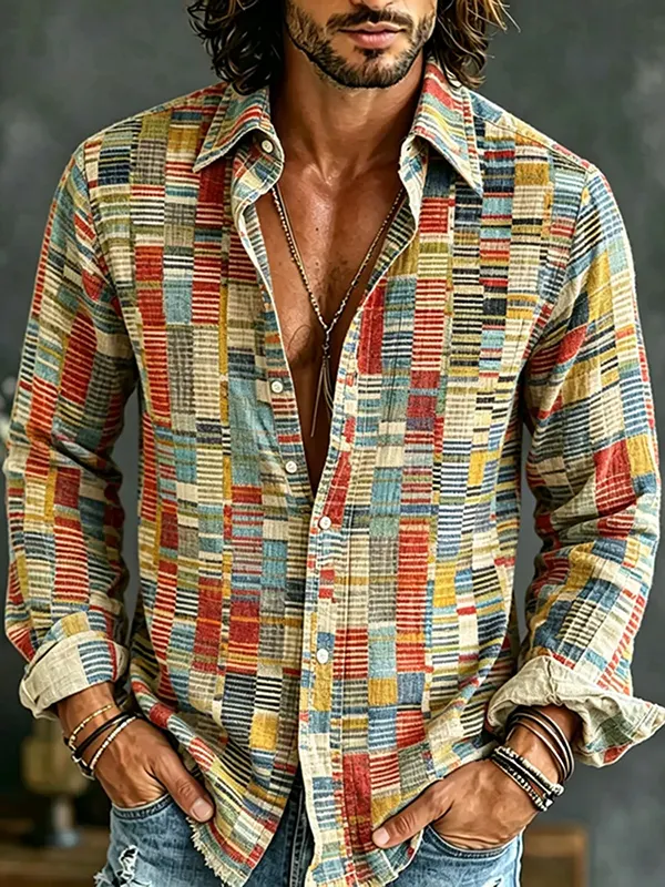Men's Geometric Art Colorblock Striped Print Long Sleeve Shirt