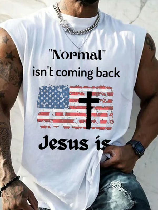 Men's Normal isn't Coming Back Slogan Cross American Flag Print Tank Top