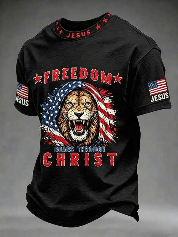 Men's Freedom Roars Through Christ American Flag Lion Print T-Shirt
