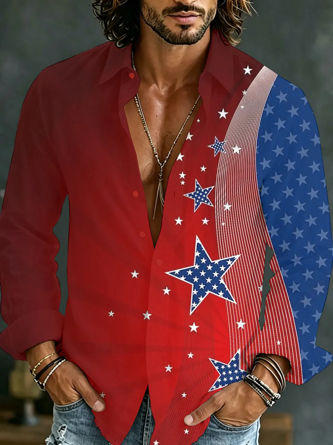 Men's Star American Flag Independence Day Print Long Sleeve Shirt
