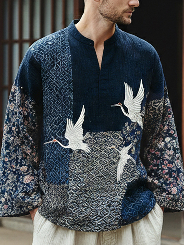 Men's Ditsy Floral Red-Crowned Crane Print V Neck Long Sleeve T-Shirt