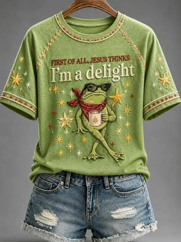 Women's Glasses Frog Coffee Star Art Print Casual T-Shirt