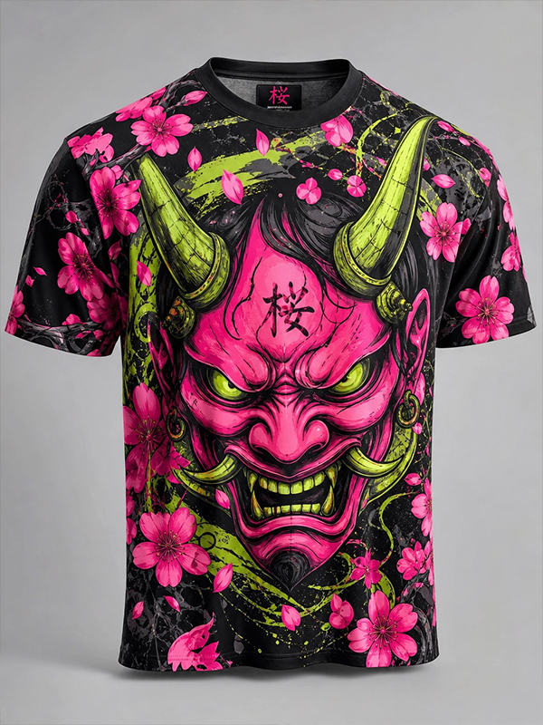 Men's Hannya Mask & Cherry Blossom Print T-Shirt