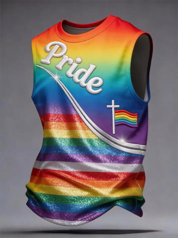 Men's Cross Rainbow Striped Pride Print Casual Tank Top
